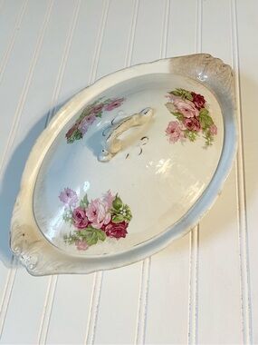 Antique Mellor & Co Floral Covered Serving Dish - Pink Rose Motif